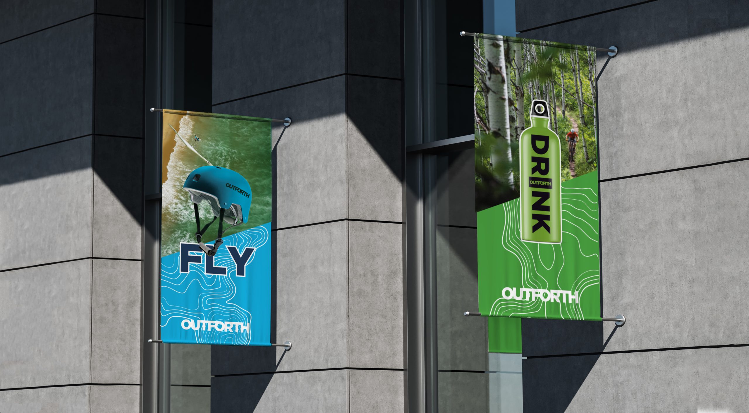 Building exterior with three blank roll up posters mounted outdoor, grey tile wall. Mockup copy space, 3D rendering